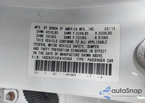 2015 Honda Accord Lx из США, поврежденный, VIN 1HGCR2F30FA143468